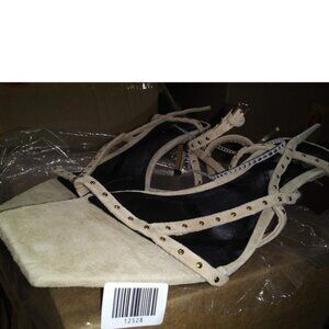 Zara Heels Strappy Kitten Sandals Studded Suede, Brown, 9 M